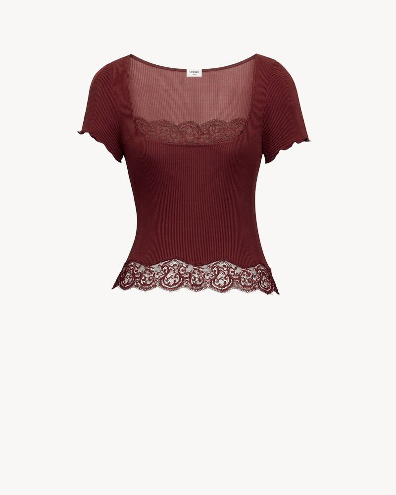 罗纹桑蚕丝平纹针织蕾丝方领T恤