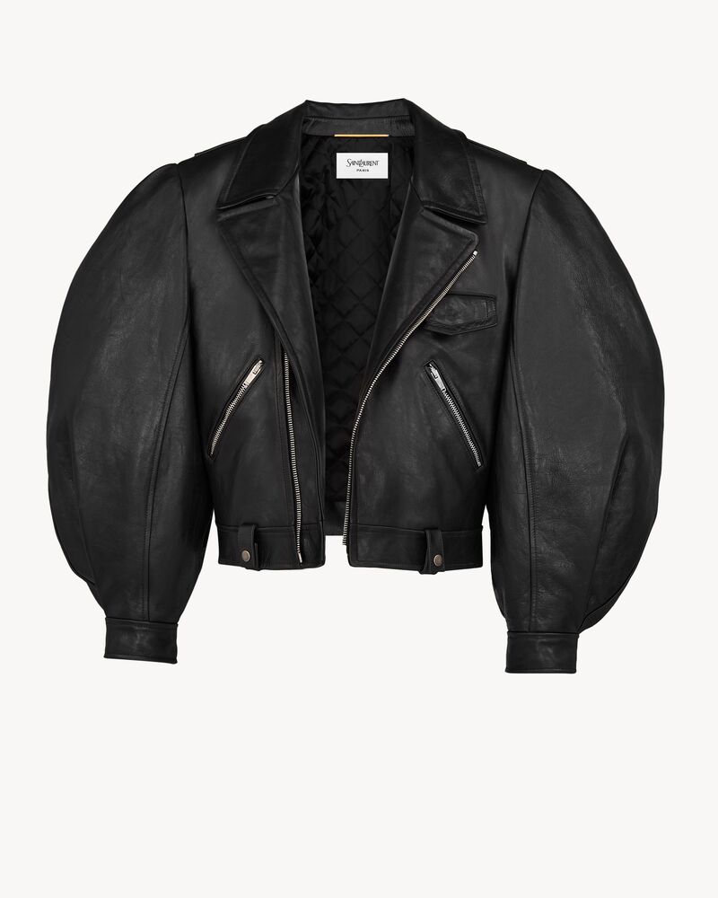 褶皱皮革灯笼袖夹克