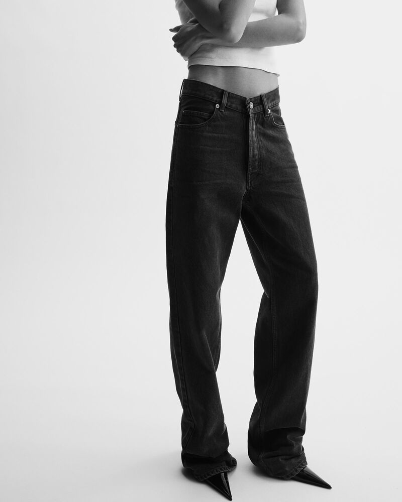 50年代风格V型腰蓝色织边宽松牛仔长裤