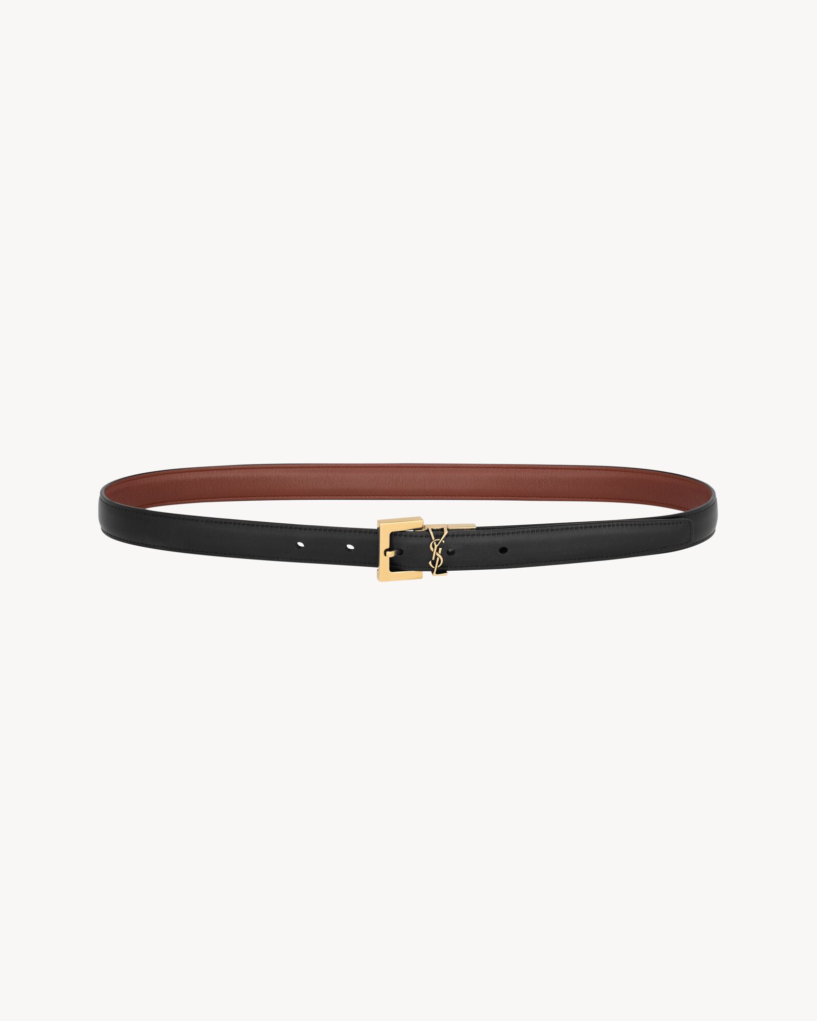 黑色和深湿粘土色字母标志光滑皮革窄款双面腰带
