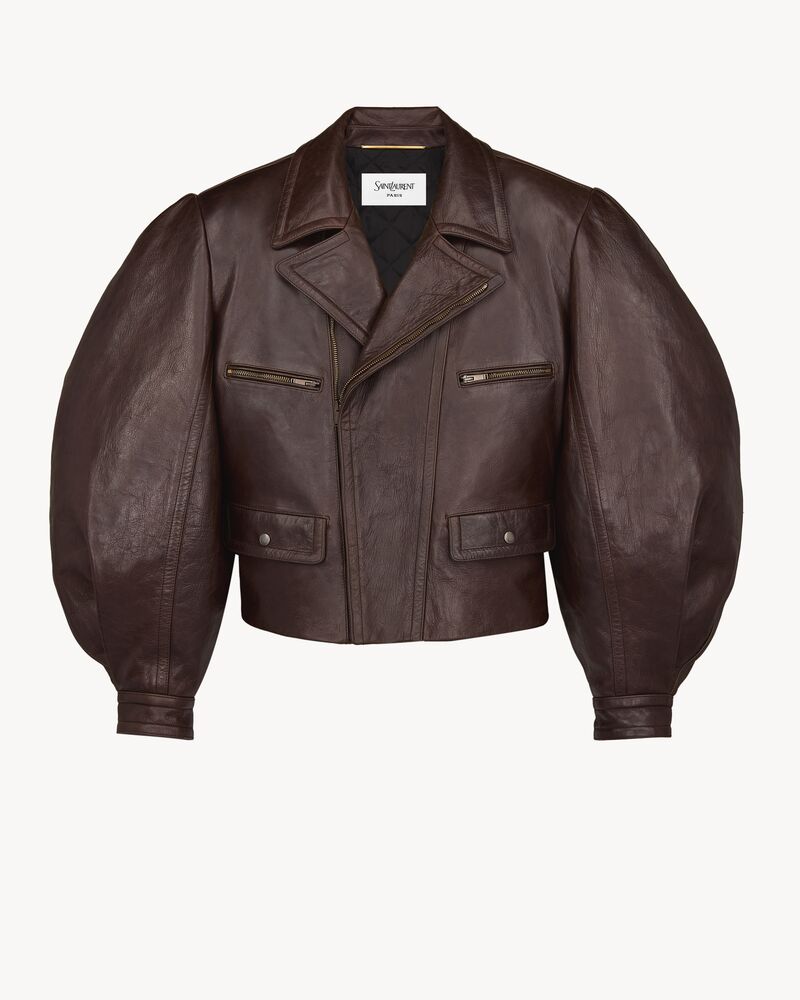 褶皱皮革灯笼袖夹克