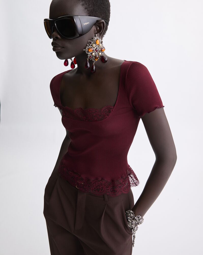 罗纹桑蚕丝平纹针织蕾丝方领T恤