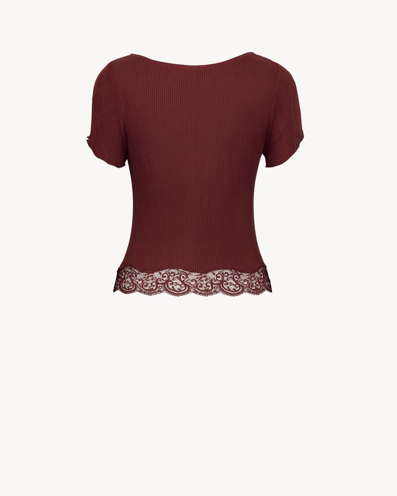 罗纹桑蚕丝平纹针织蕾丝方领T恤