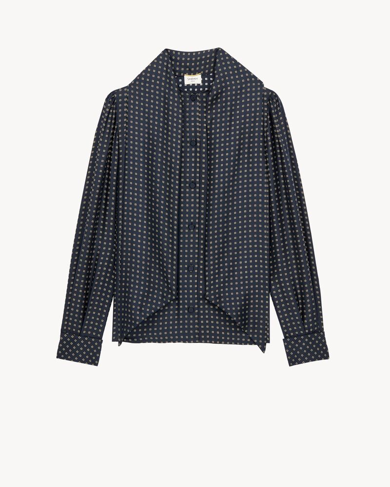 方格桑蚕丝绉背缎花结衬衫