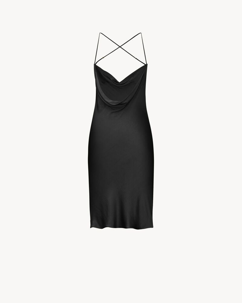 桑蚕丝缎面露背垂褶连衣裙