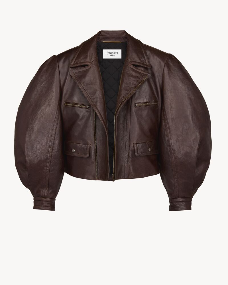 褶皱皮革灯笼袖夹克