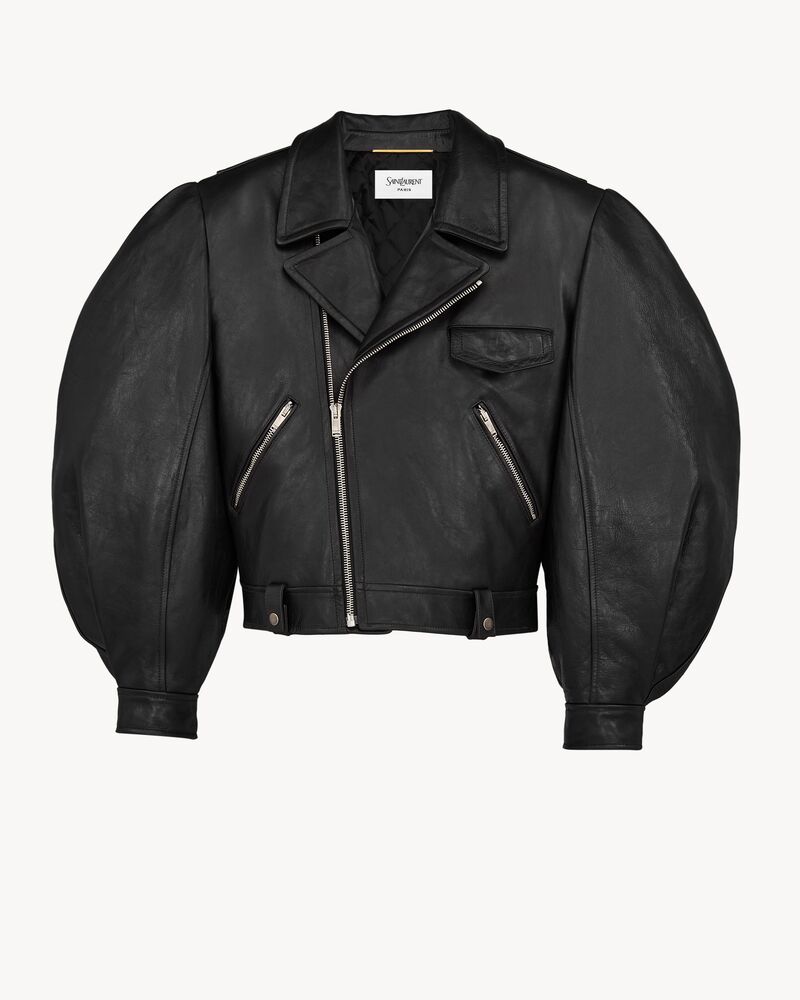 褶皱皮革灯笼袖夹克