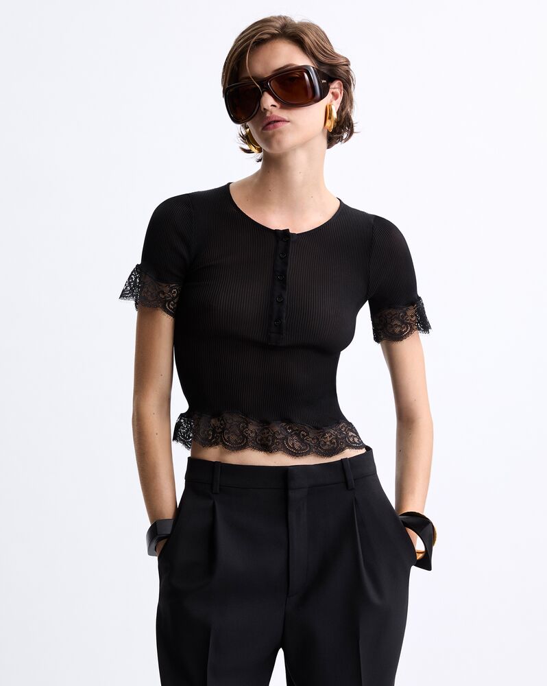 罗纹桑蚕丝平纹针织蕾丝T恤