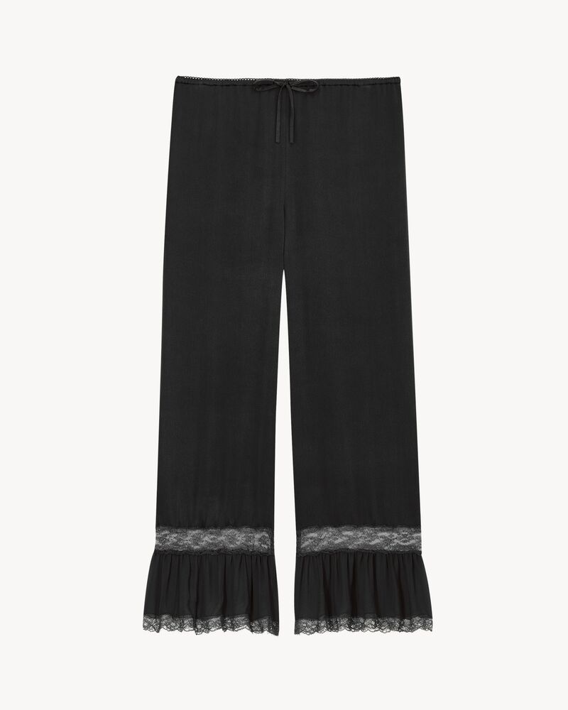 桑蚕丝缎面蕾丝裤脚长裤