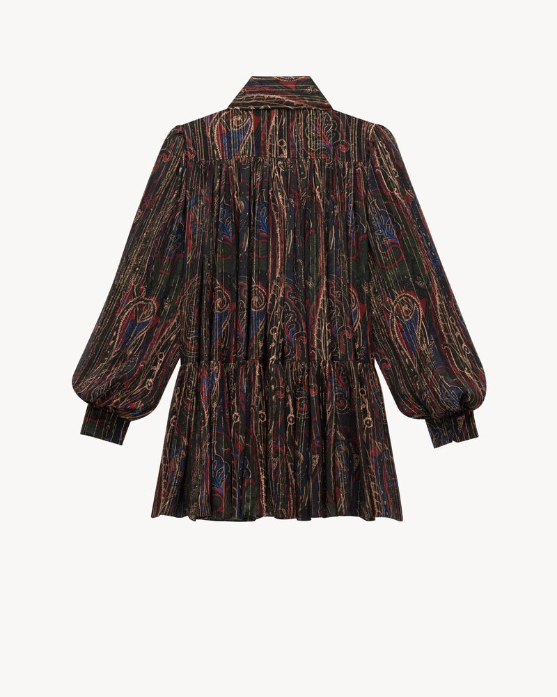 佩斯利花纹金银丝真丝花结连衣裙