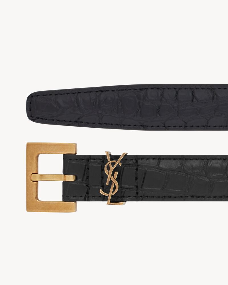 字母标志方扣鳄鱼纹压印皮革窄款腰带