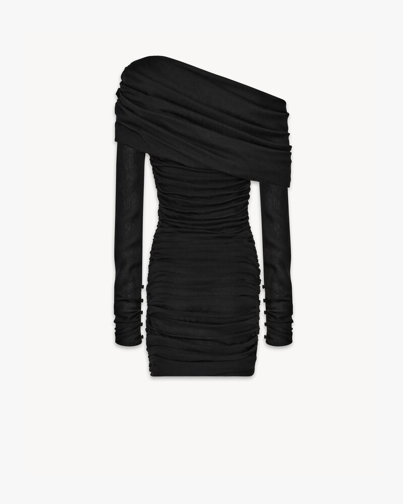 桑蚕丝平纹细布褶皱单肩连衣裙