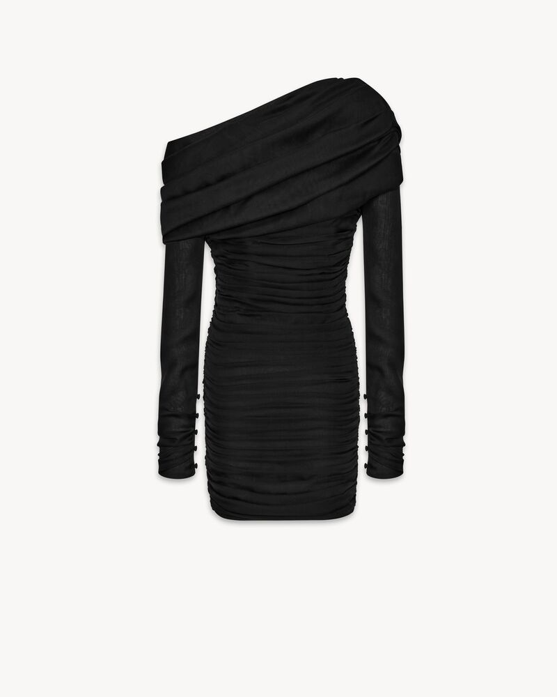 桑蚕丝平纹细布褶皱单肩连衣裙