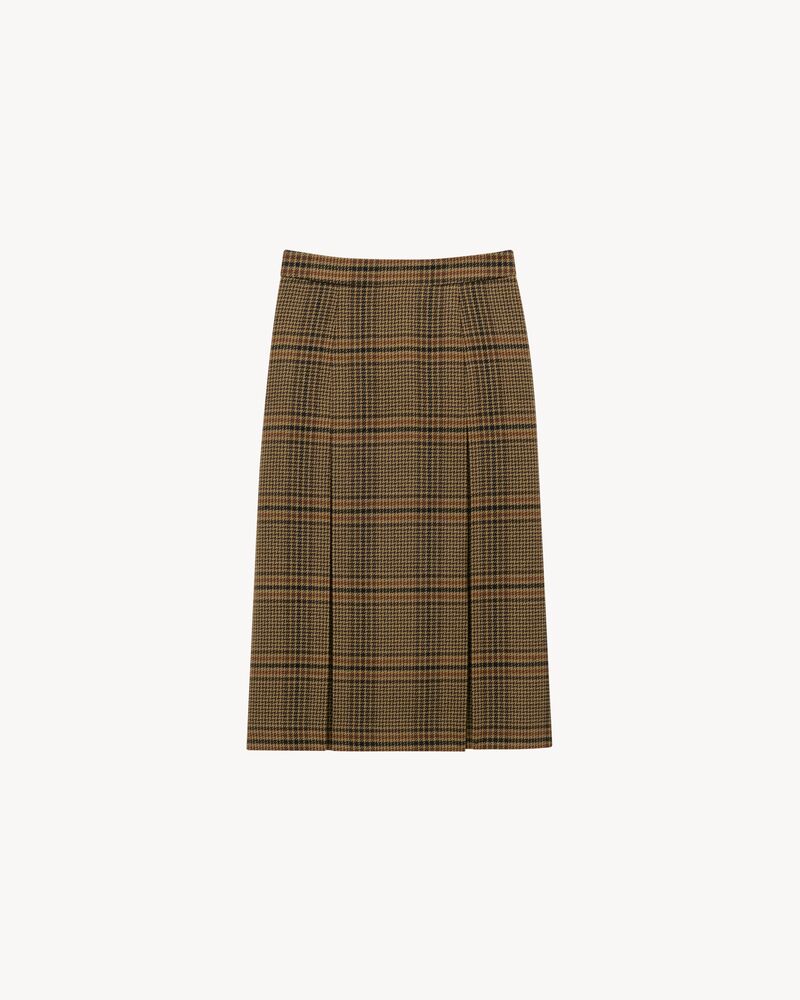 威尔士亲王格纹羊毛和山羊绒中长半身裙