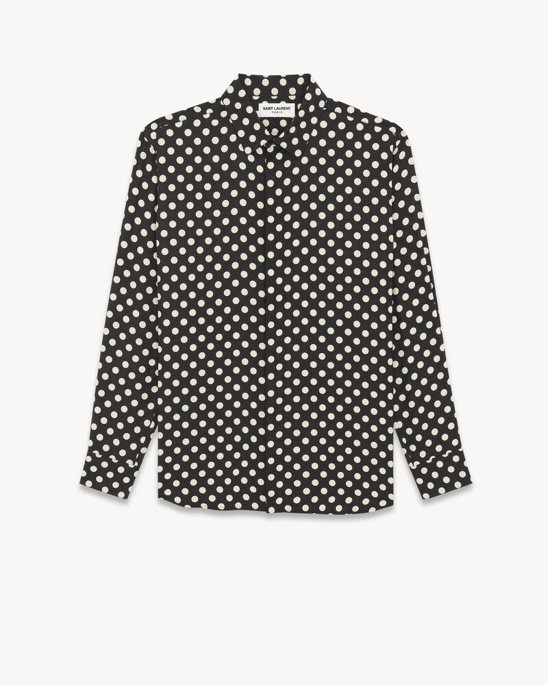 YVES衣领哑光和亮面波点桑蚕丝衬衫