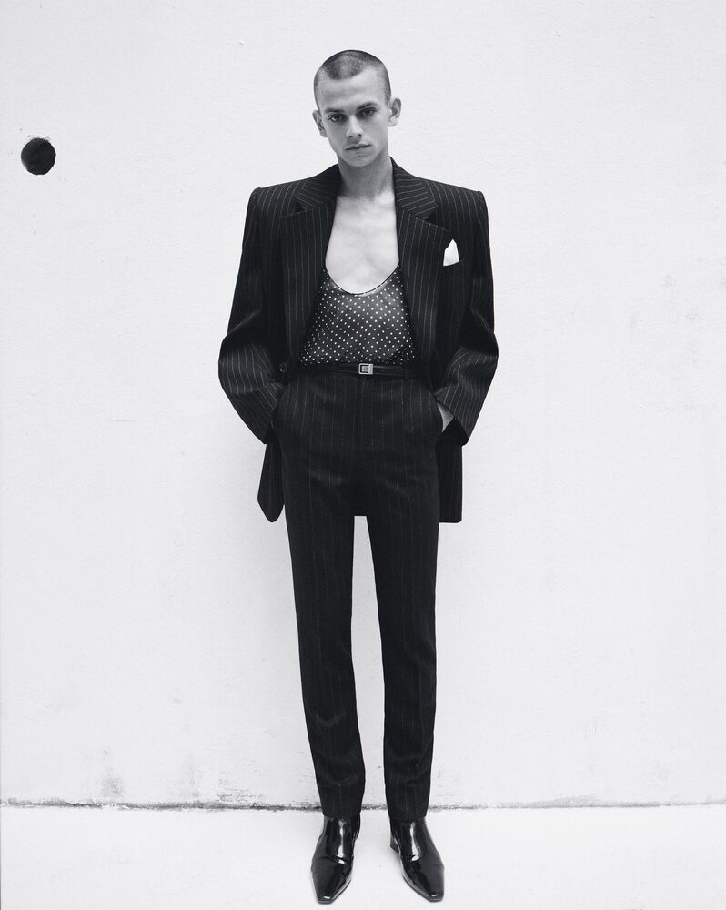 细条纹羊毛毡高腰长裤