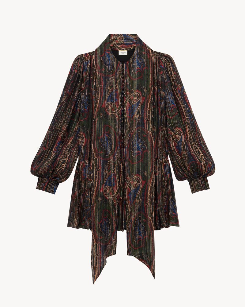 佩斯利花纹金银丝真丝花结连衣裙