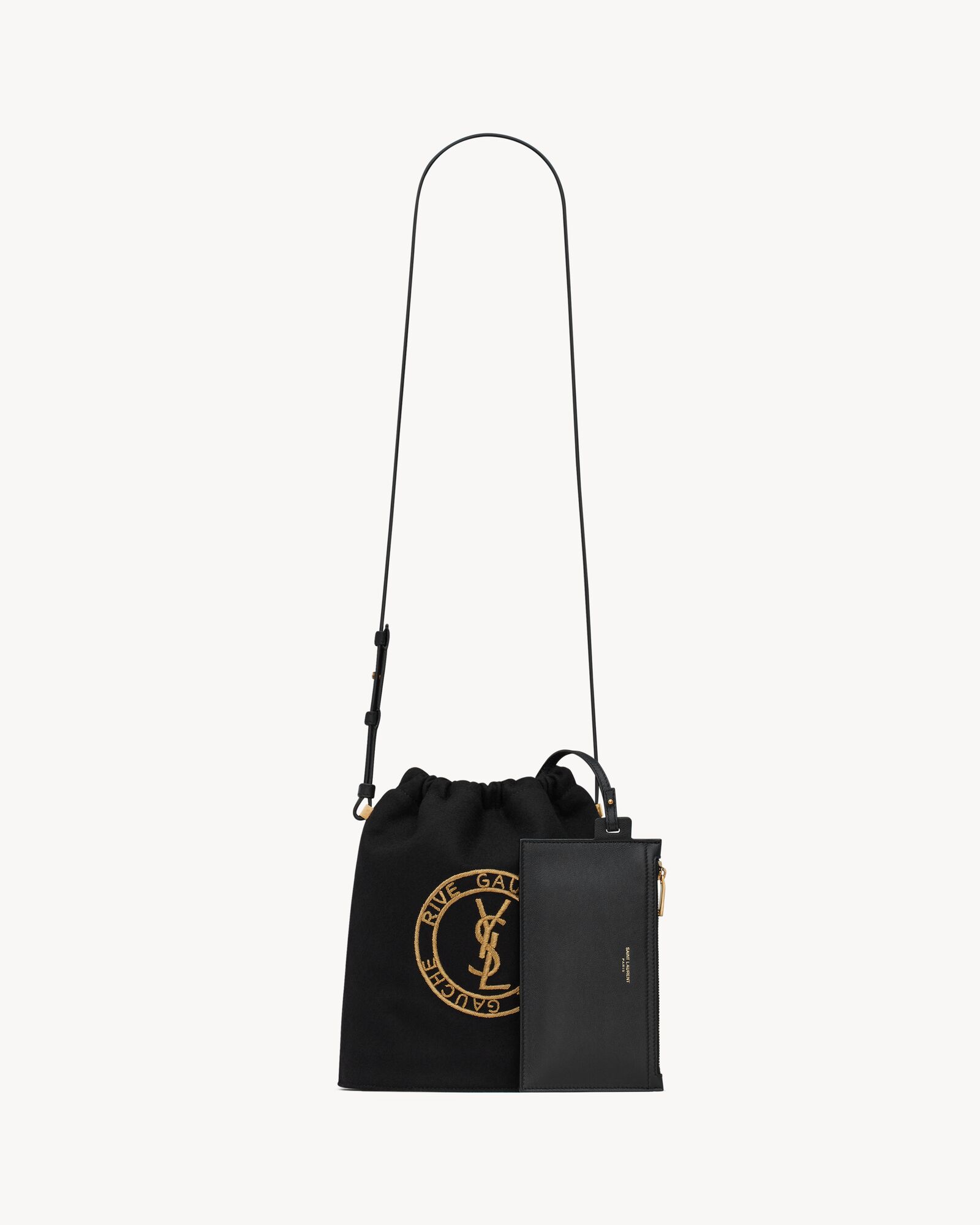 rive gauche刺绣毛毡和光滑皮革系带水桶包