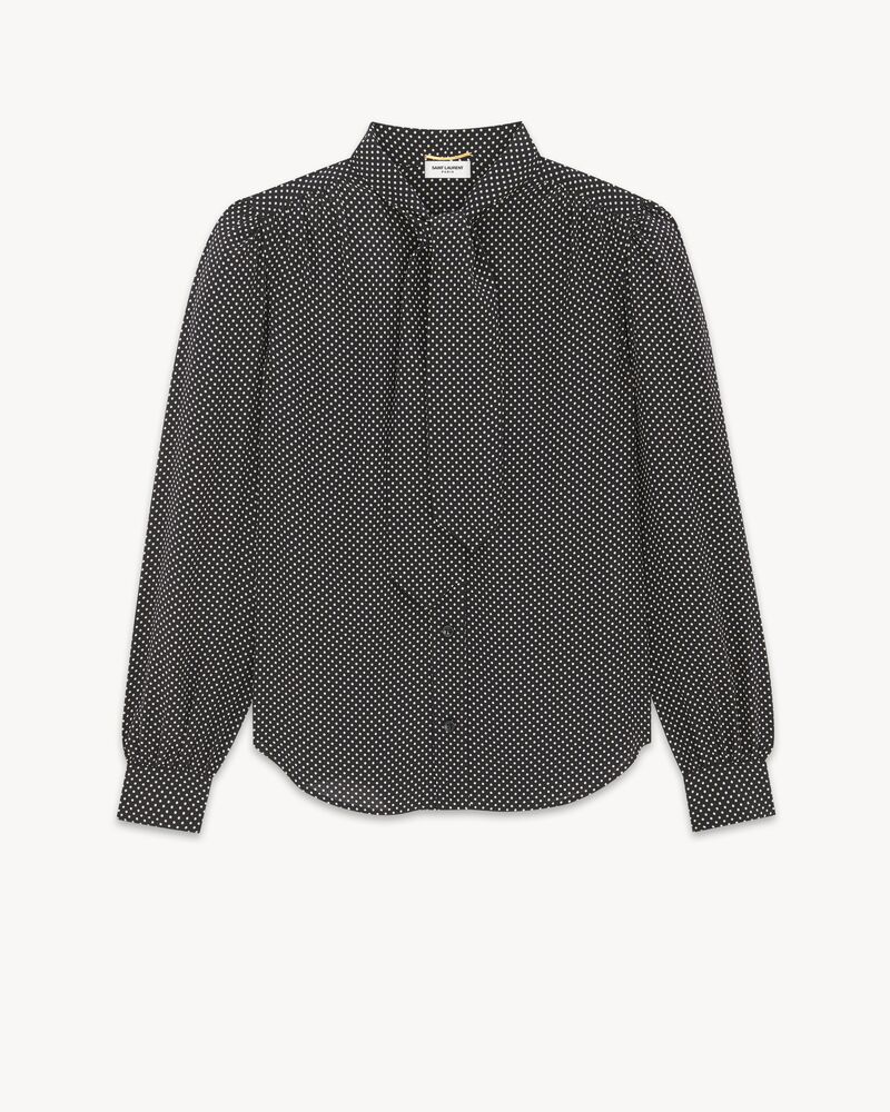 波点桑蚕丝缎面花结领衬衫