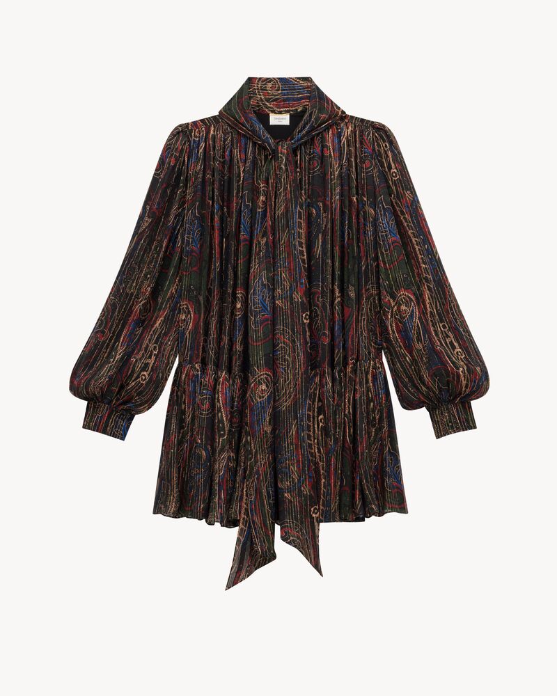 佩斯利花纹金银丝真丝花结连衣裙