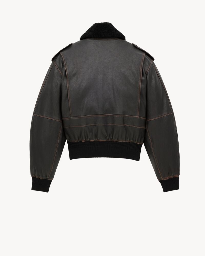 复古粒面羊皮革和羊毛皮飞行员夹克