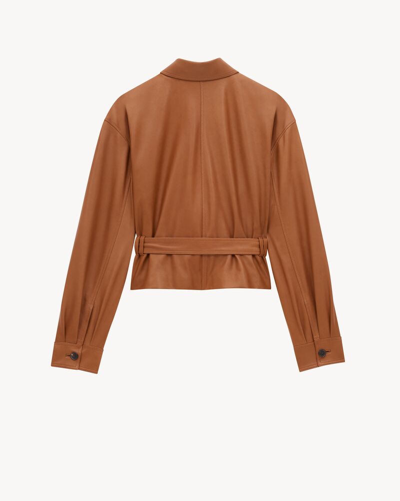 羊皮革短款衬衫式夹克