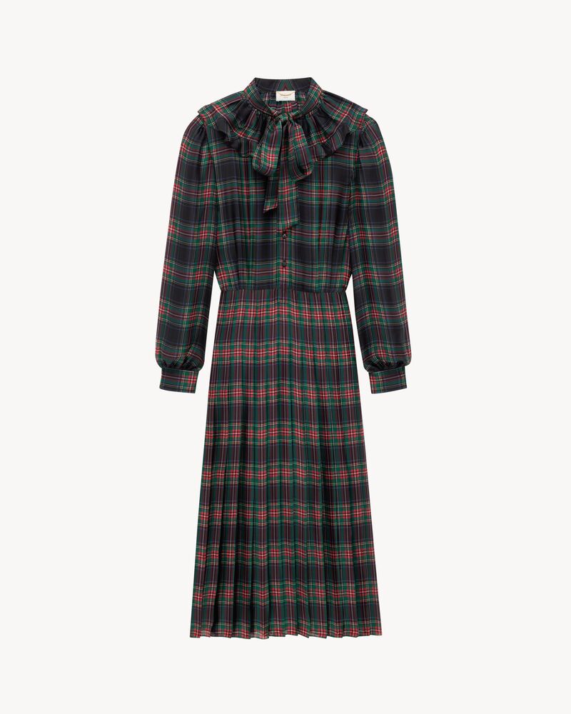 格纹桑蚕丝绉缎褶裥连衣裙