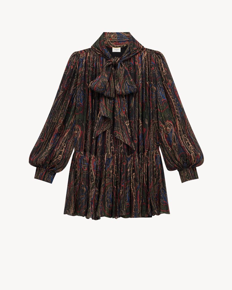 佩斯利花纹金银丝真丝花结连衣裙